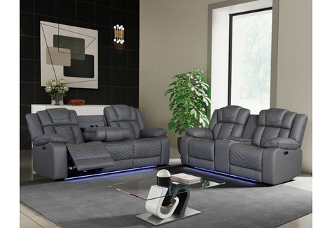 GREY 10 POWER RECLINING SOFA/POWER CONSOLE RECLINING LOVESEAT WITH LED